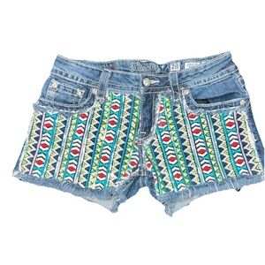 Miss Me 28 Signature Cut Off Jean Shorts Geometric Tribal Embroidered Sequins